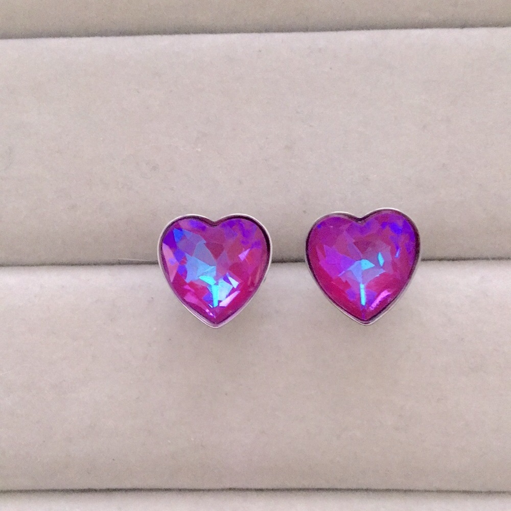 Hot Pink Aurora Borealis Crystal Heart Earrings - Picture 3 of 7